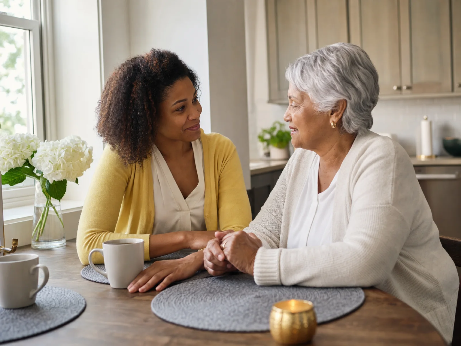A caregiver listening to an older adult at home